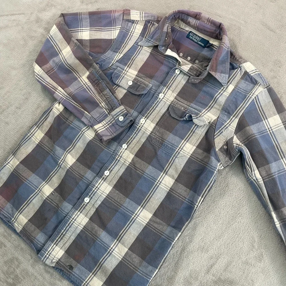 VTG Polo Ralph Lauren Work Shirt Men Medium Blue Grey‎ Plaid Chinstrap Collar